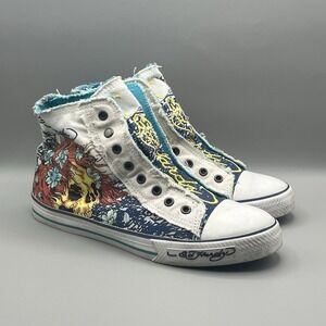 VTG Ed Hardy Denim White Blue Skull Flames High Top Shoes - Men's Size 9 USED